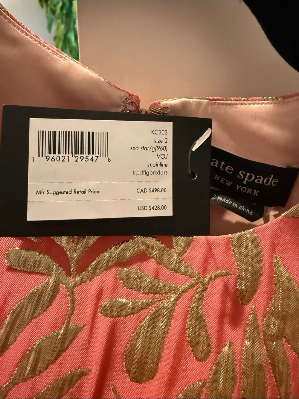 kate spade Coral Metallic Leaf-Print Flounce-Hem Midi Dress - NWT Size 2